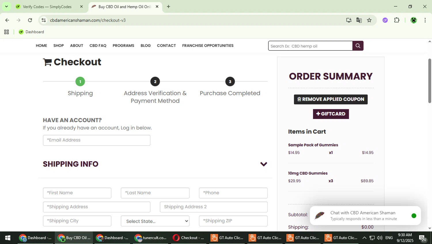 CBD American Shaman promo code screenshot showing code well20 applied at CBD American Shaman checkout page. Uploaded by SimplyCodes community member MaitoGai on Sep 12, 2025
