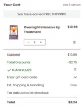 THANKYOU25 coupon verification screenshot