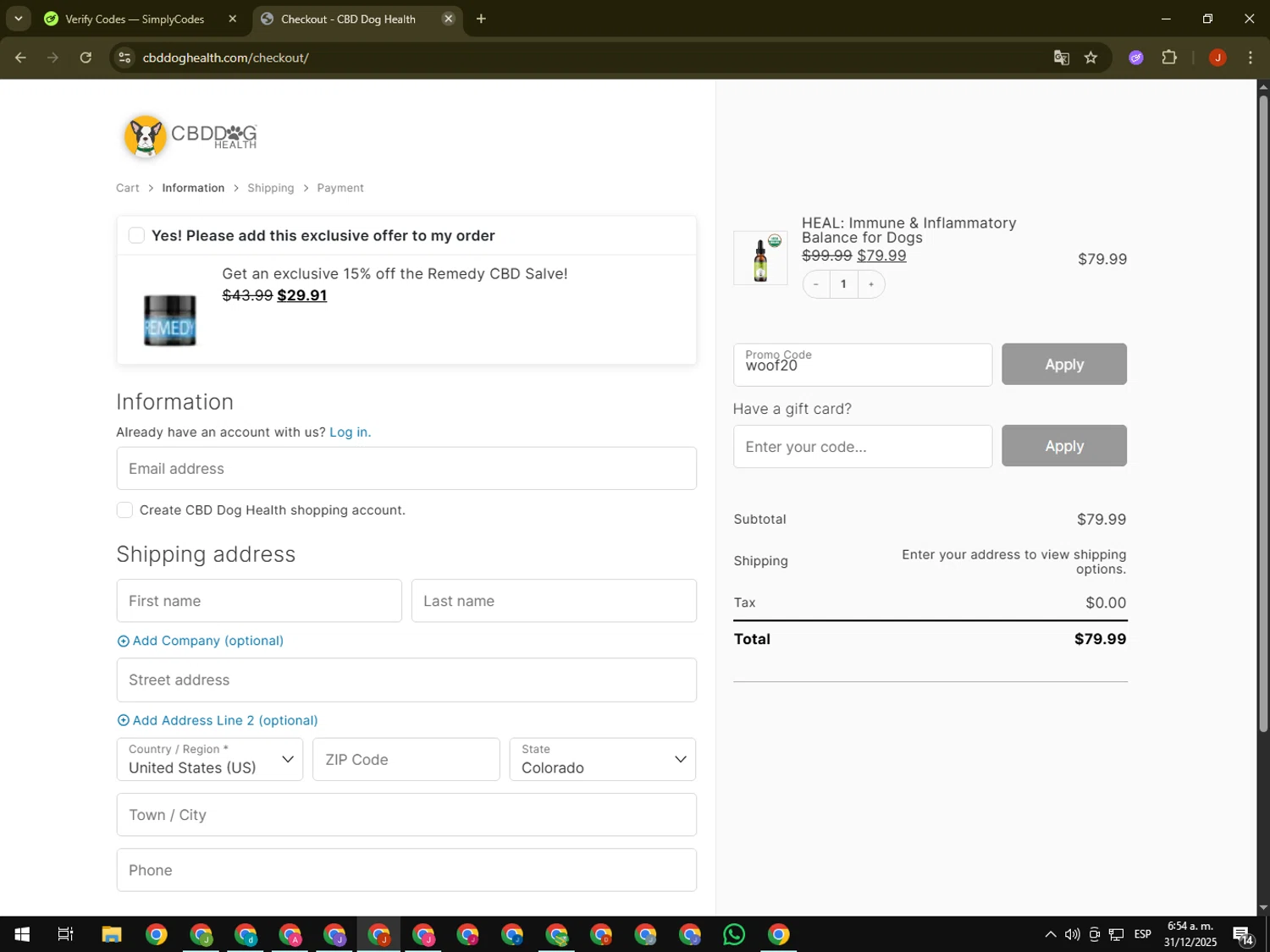 CBD Dog Health promo code screenshot showing code woof20 applied at CBD Dog Health checkout page. Uploaded by SimplyCodes community member KimDokja on Dec 31, 2025