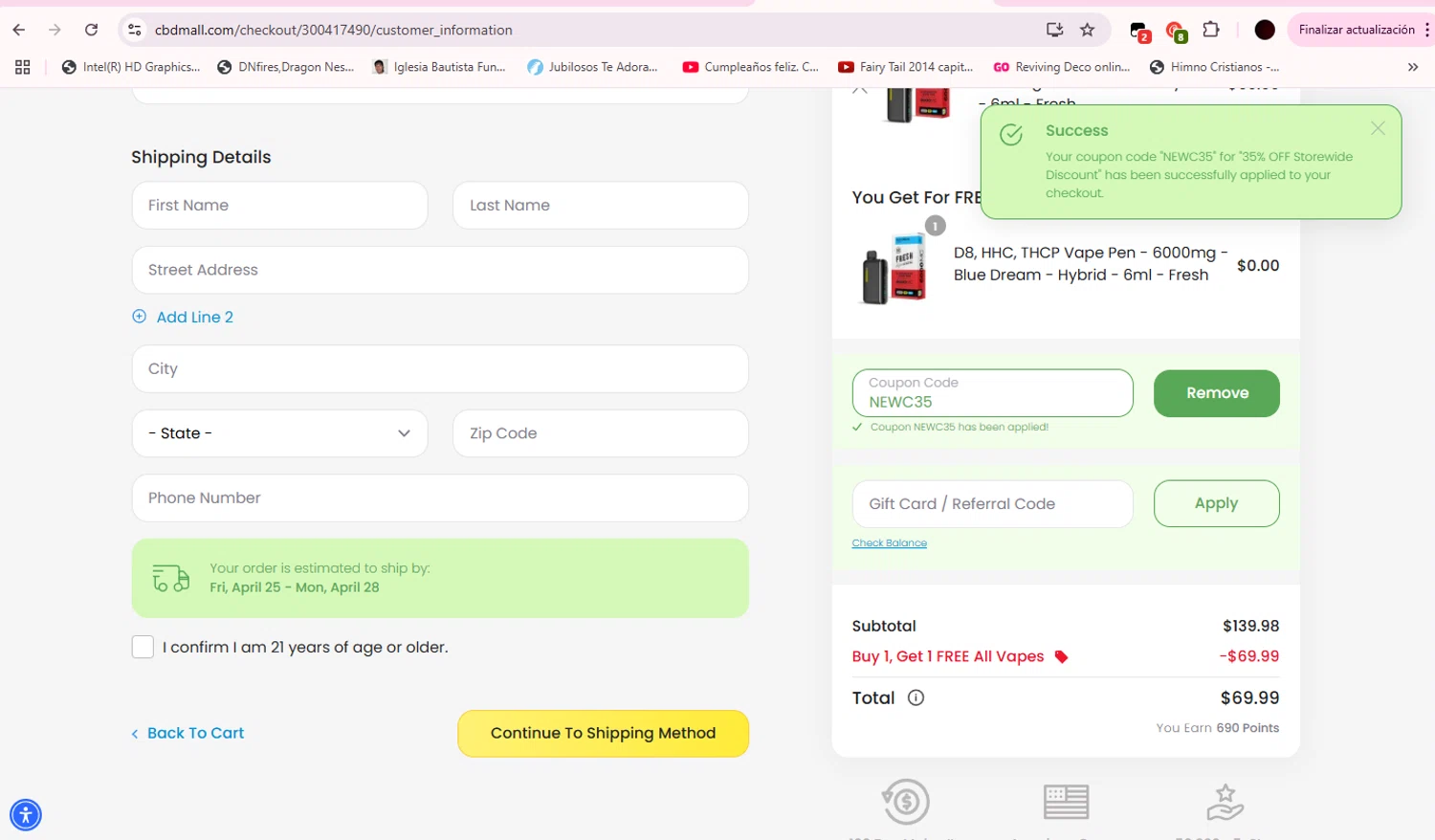 CBD Mall coupon code screenshot showing code NEWC35 applied at CBD Mall checkout page. Uploaded by SimplyCodes community member BitPay on Apr 25, 2025