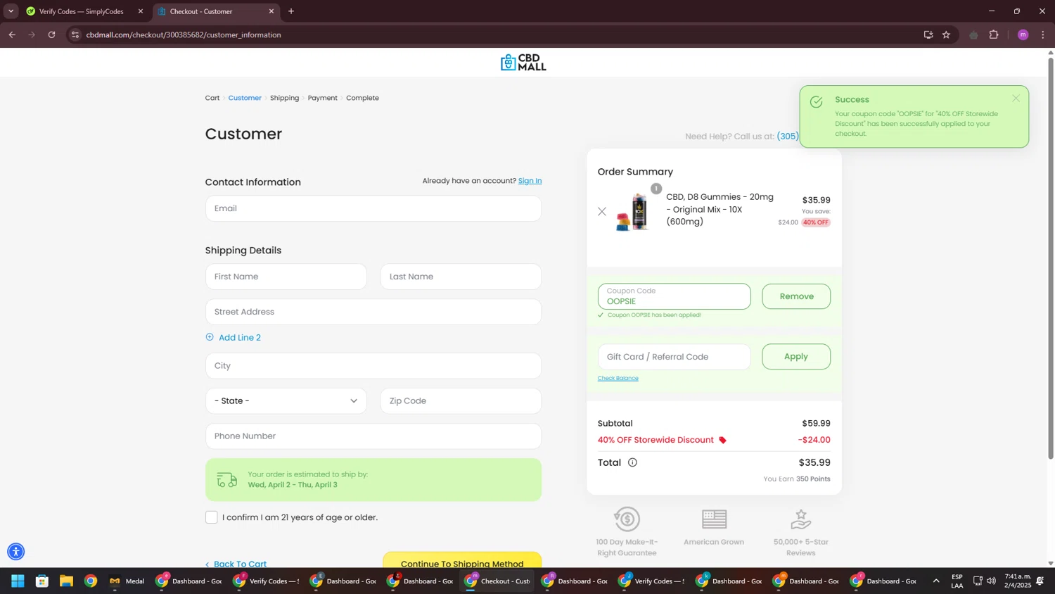 CBD Mall coupon code screenshot showing code OOPSIE applied at CBD Mall checkout page. Uploaded by SimplyCodes community member PennyWizard1195 on Apr 2, 2025