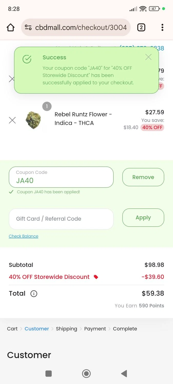 CBD Mall coupon code screenshot showing code JA40 applied at CBD Mall checkout page. Uploaded by SimplyCodes community member ShieldWhiz4659 on Apr 23, 2025