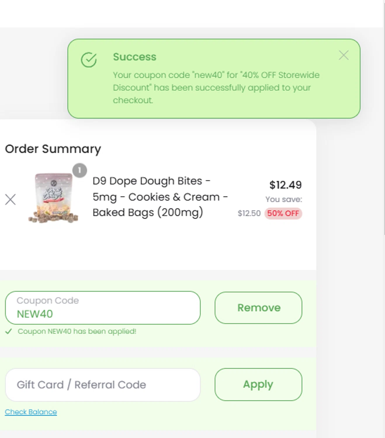 CBD Mall coupon code screenshot showing code new40 applied at CBD Mall checkout page. Uploaded by SimplyCodes community member RebatePilot8693 on Feb 21, 2025
