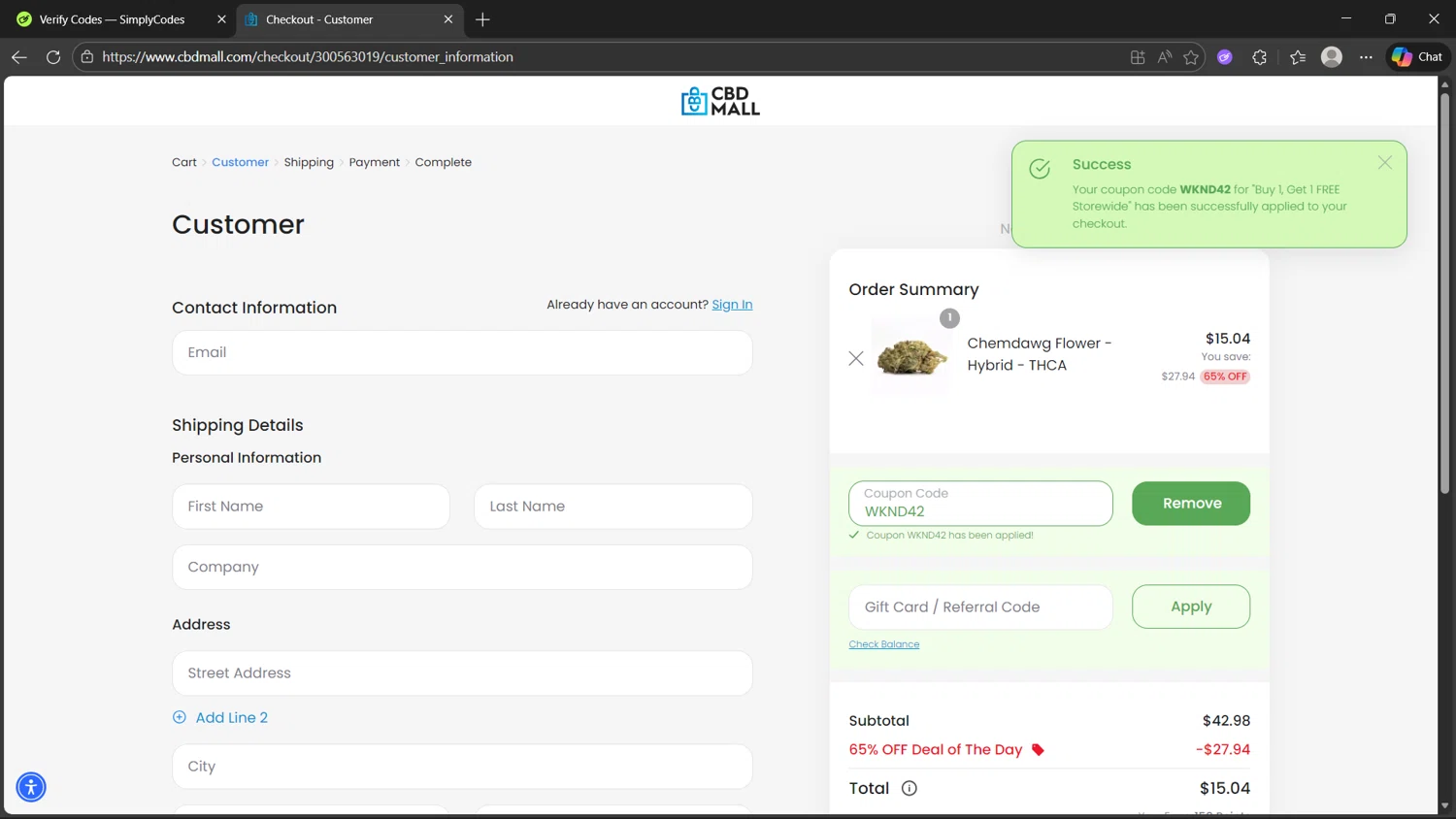 CBD Mall checkout page showing CBD Mall coupon code box | Screenshot taken by SimplyCodes community member on Jan 6, 2026