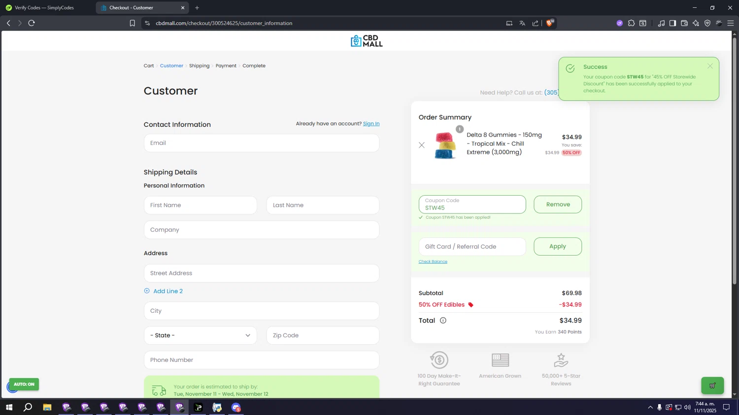 CBD Mall checkout page showing CBD Mall coupon code box | Screenshot taken by SimplyCodes community member on Nov 11, 2025
