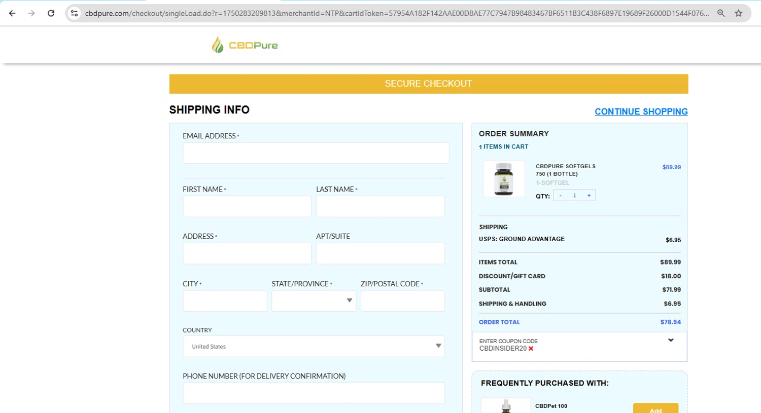 CBDPure discount code screenshot showing code CBDINSIDER20 applied at CBDPure checkout page. Uploaded by SimplyCodes community member YHLQMDLGN on Jun 18, 2025