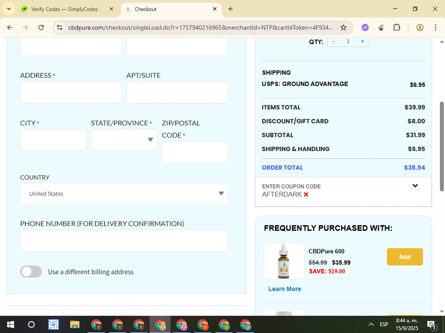CBDPure discount code screenshot showing code AFTERDARK applied at CBDPure checkout page. Uploaded by SimplyCodes community member VictorL on Sep 15, 2025