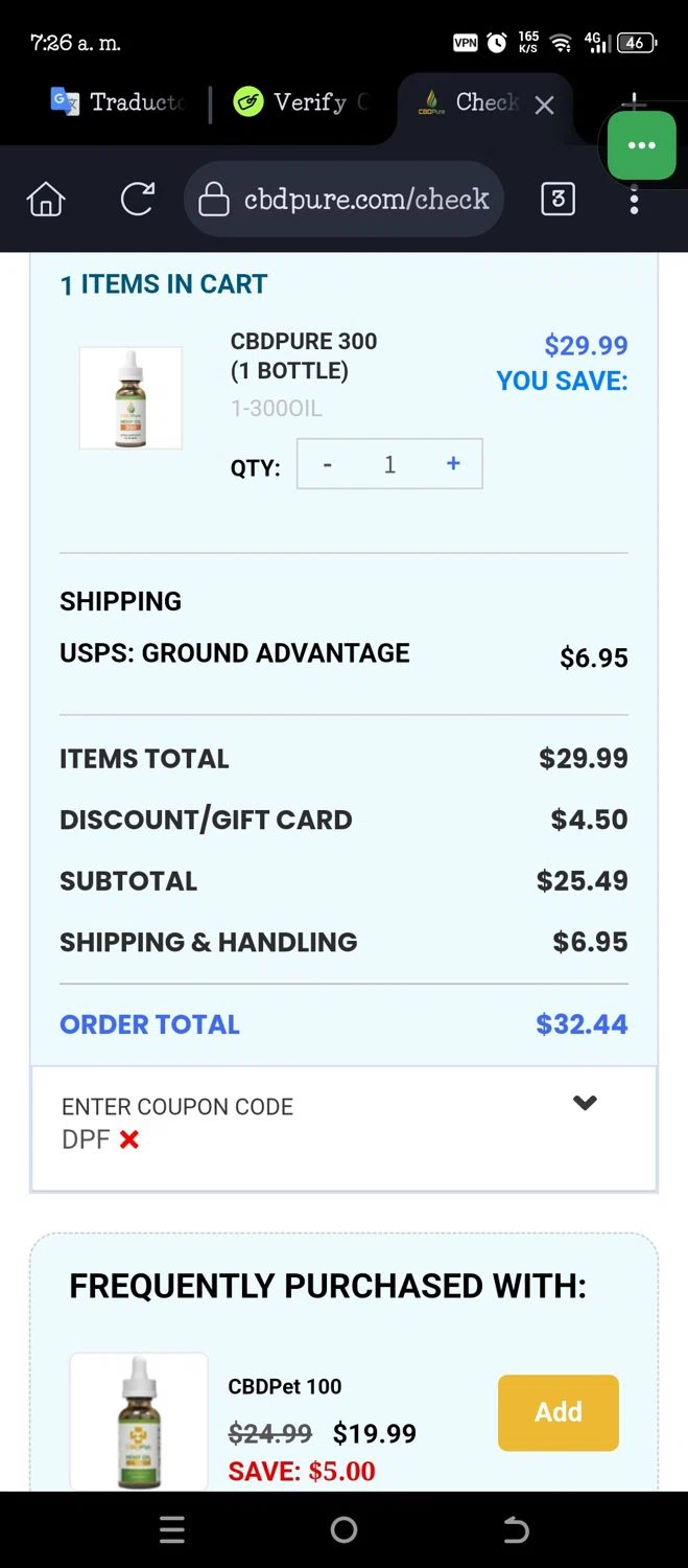 CBDPure discount code screenshot showing code DPF applied at CBDPure checkout page. Uploaded by SimplyCodes community member JannyiseaN on Nov 17, 2025