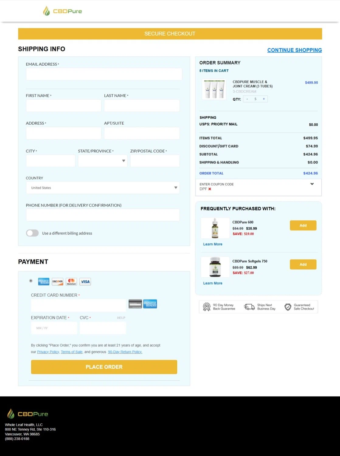 CBDPure discount code screenshot showing code DPF applied at CBDPure checkout page. Uploaded by SimplyCodes community member Maylinlr on Oct 19, 2025