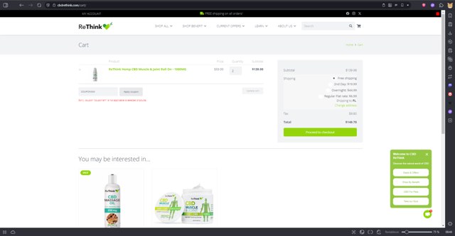 ReThink CBD checkout page showing ReThink CBD promo code box | Screenshot taken by SimplyCodes community member on Jul 25, 2025
