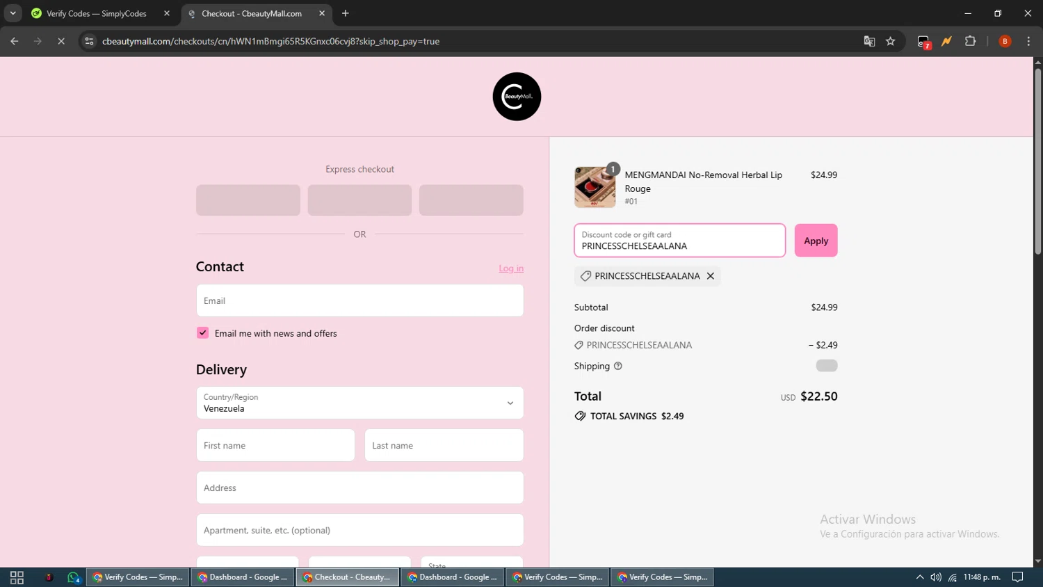 CBeauty Mall promo code screenshot showing code PRINCESSCHELSEAALANA applied at CBeauty Mall checkout page. Uploaded by SimplyCodes community member BrilliantLynx7174 on Aug 14, 2025