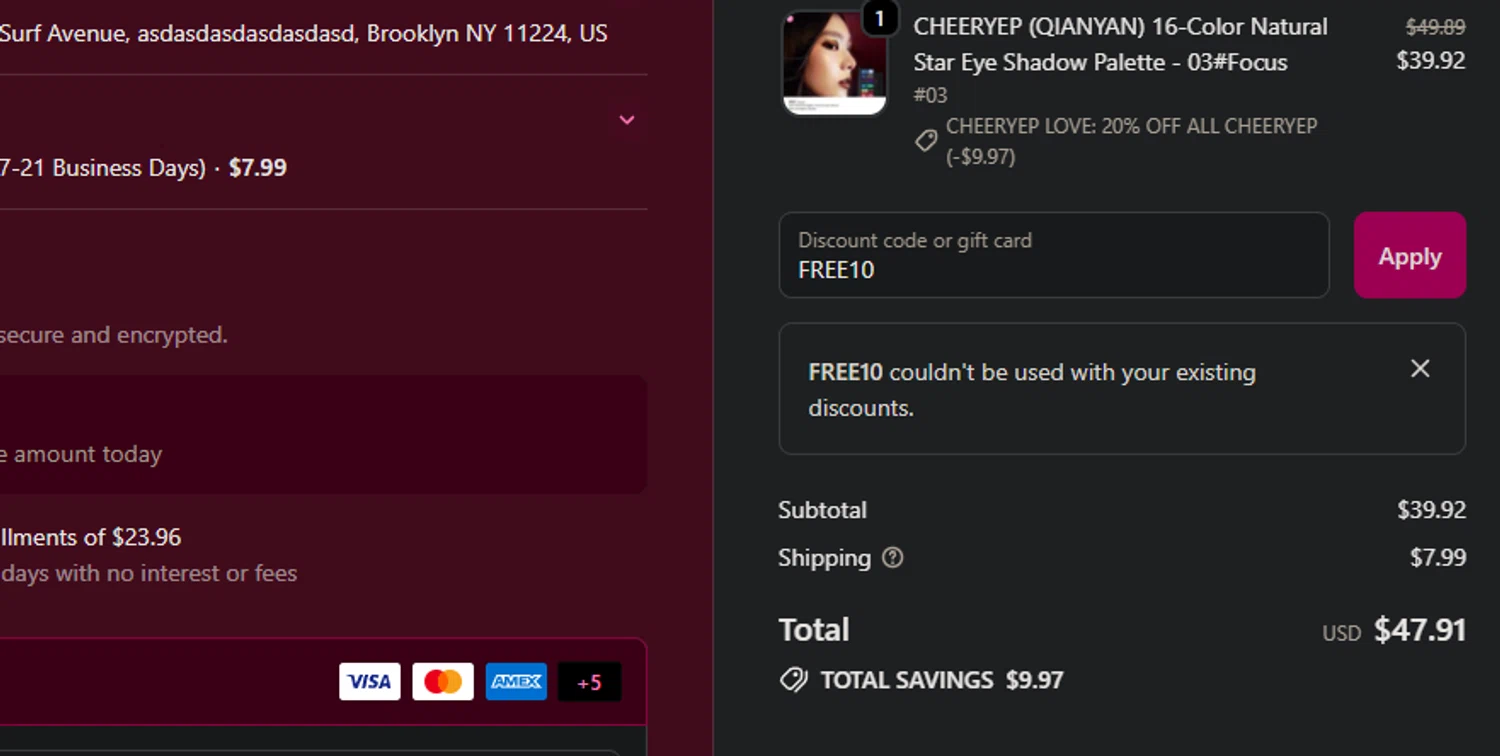 CBeauty Mall promo code screenshot showing code FREE10 applied at CBeauty Mall checkout page. Uploaded by SimplyCodes community member FIREINTHEHOLE on Oct 16, 2025