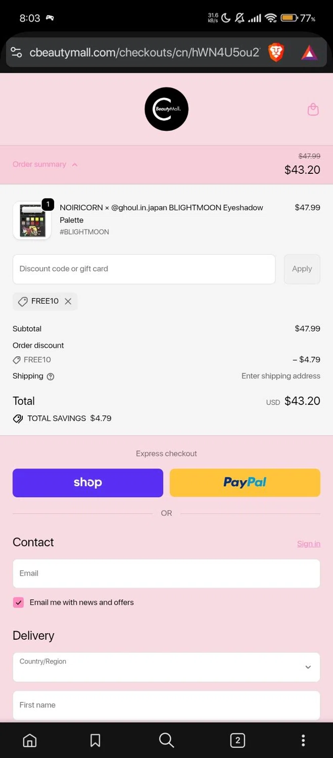 CBeauty Mall promo code screenshot showing code FREE10 applied at CBeauty Mall checkout page. Uploaded by SimplyCodes community member Jutdcv on Oct 24, 2025
