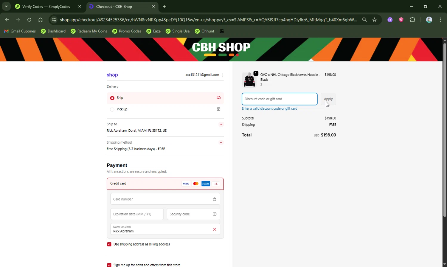 CBH Shop discount code screenshot showing code Tommy10 applied at CBH Shop checkout page. Uploaded by SimplyCodes community member LHaunter2 on Feb 17, 2026