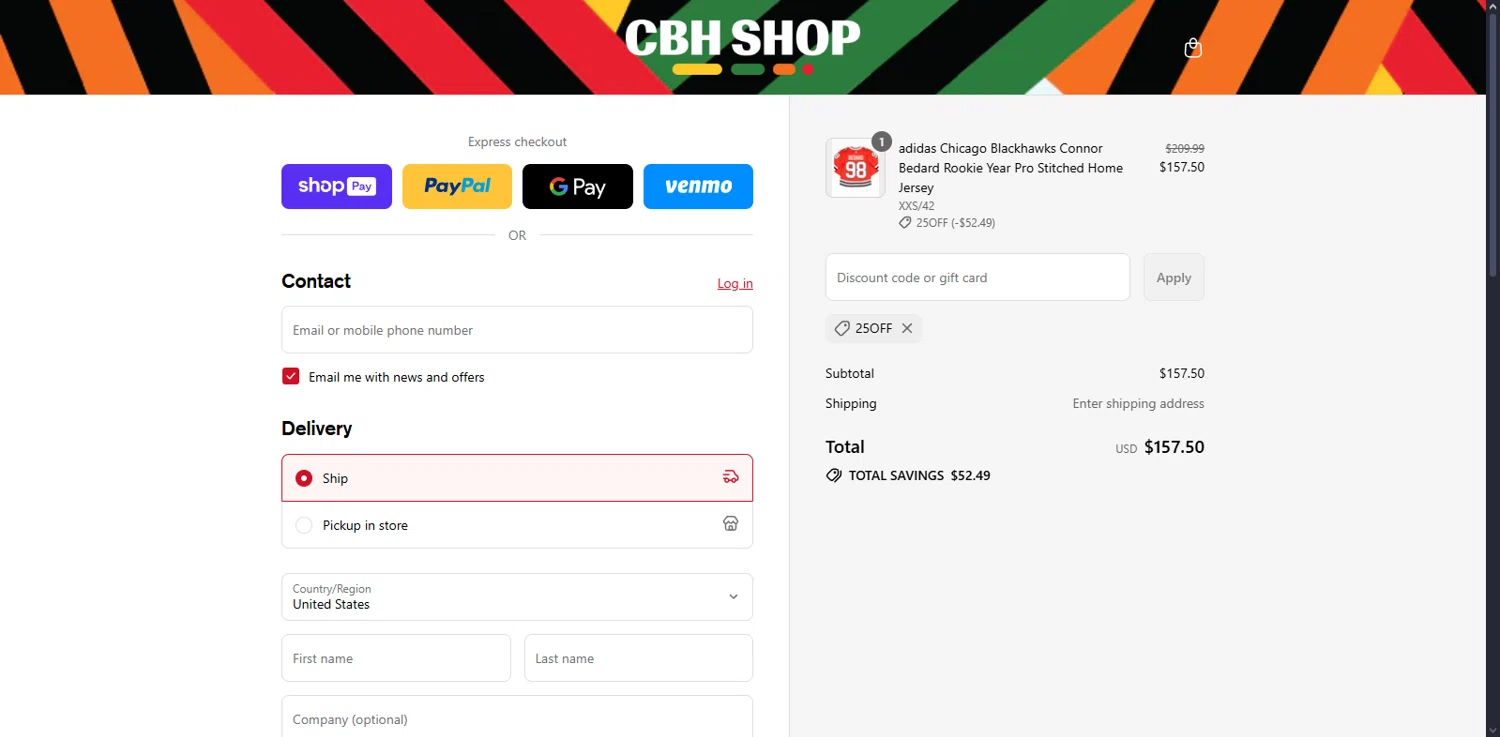 CBH Shop discount code screenshot showing code 25OFF applied at CBH Shop checkout page. Uploaded by SimplyCodes community member Serdanvz on Jul 9, 2025