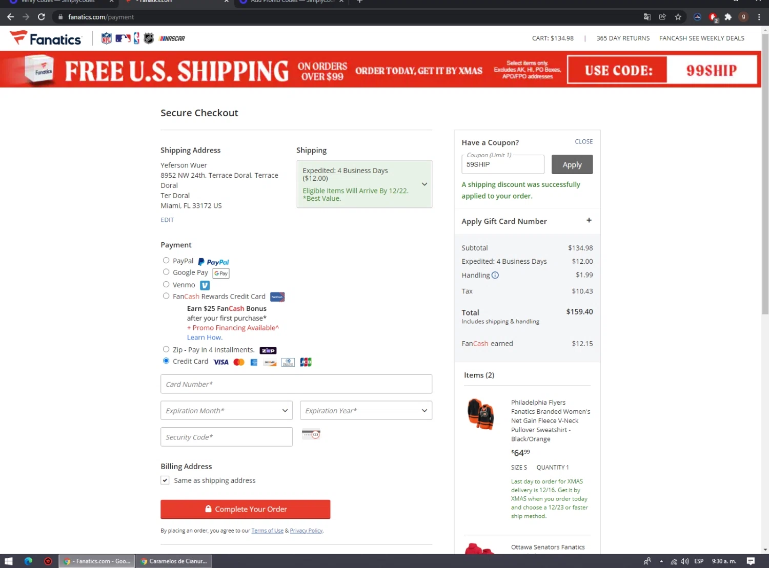 CBS Sports checkout page showing CBS Sports promo code box | Screenshot taken by SimplyCodes community member on Dec 15, 2021