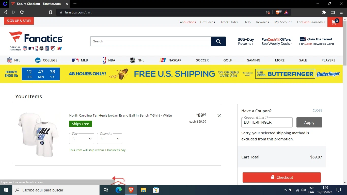 CBS Sports checkout page showing CBS Sports promo code box | Screenshot taken by SimplyCodes community member on Mar 19, 2022