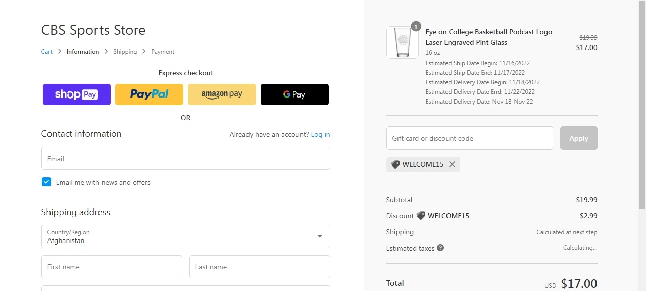 CBS Sports checkout page showing CBS Sports promo code box | Screenshot taken by SimplyCodes community member on Nov 12, 2022