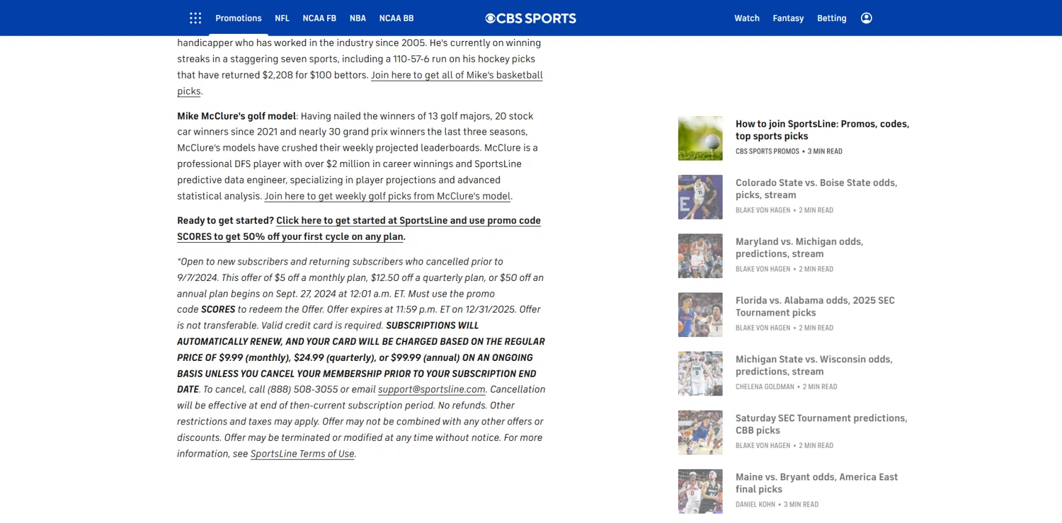 CBS Sports promo code screenshot showing code SCORES applied at CBS Sports checkout page. Uploaded by SimplyCodes community member pabloprieto on Nov 20, 2025