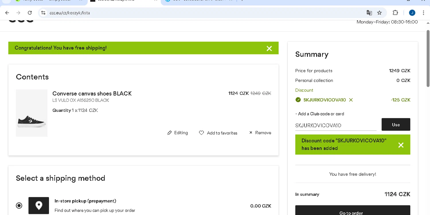 CCC promo code screenshot showing code SKJURKOVICOVA10 applied at CCC checkout page. Uploaded by SimplyCodes community member josecaraballo1 on Jul 23, 2025