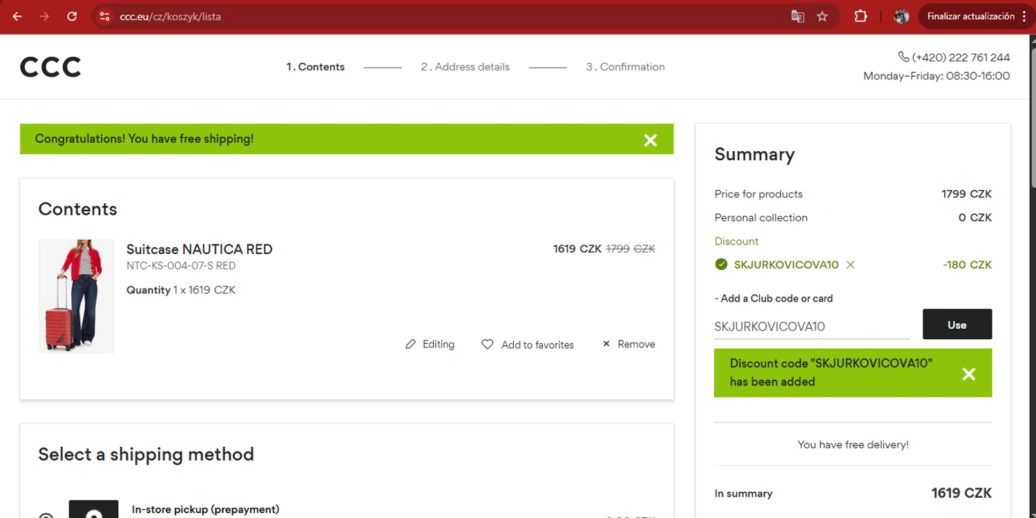 CCC promo code screenshot showing code SKJURKOVICOVA10 applied at CCC checkout page. Uploaded by SimplyCodes community member kimberlinmartinez on Jul 15, 2025