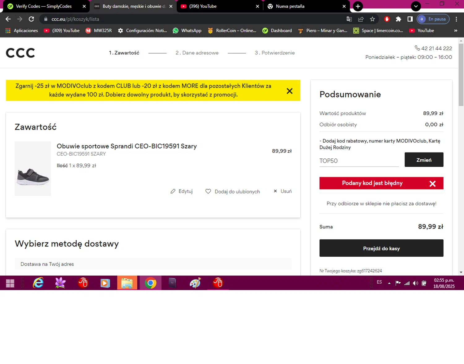 CCC promo code screenshot showing code TOP50 applied at CCC checkout page. Uploaded by SimplyCodes community member Anyerduno on Aug 18, 2025