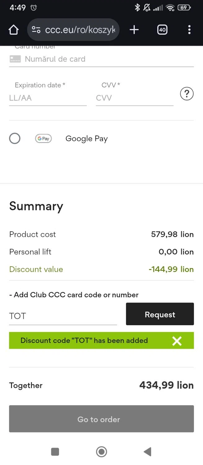 CCC promo code screenshot showing code TOT applied at CCC checkout page. Uploaded by SimplyCodes community member AMANDA2681 on Aug 12, 2025