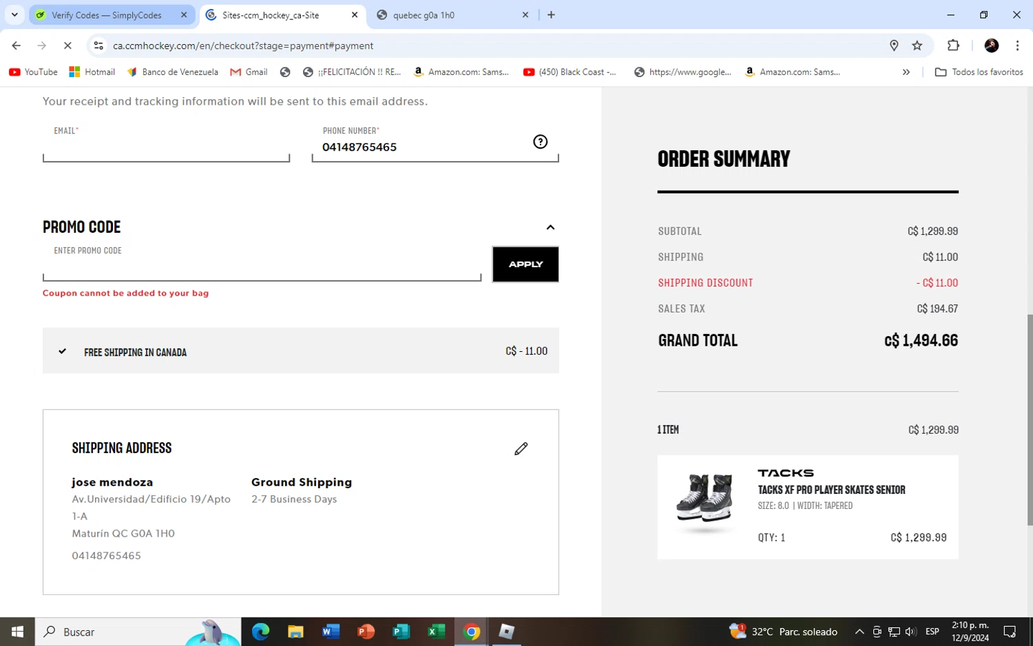 CCM Hockey checkout page showing CCM Hockey promo code box | Screenshot taken by SimplyCodes community member on Sep 12, 2024