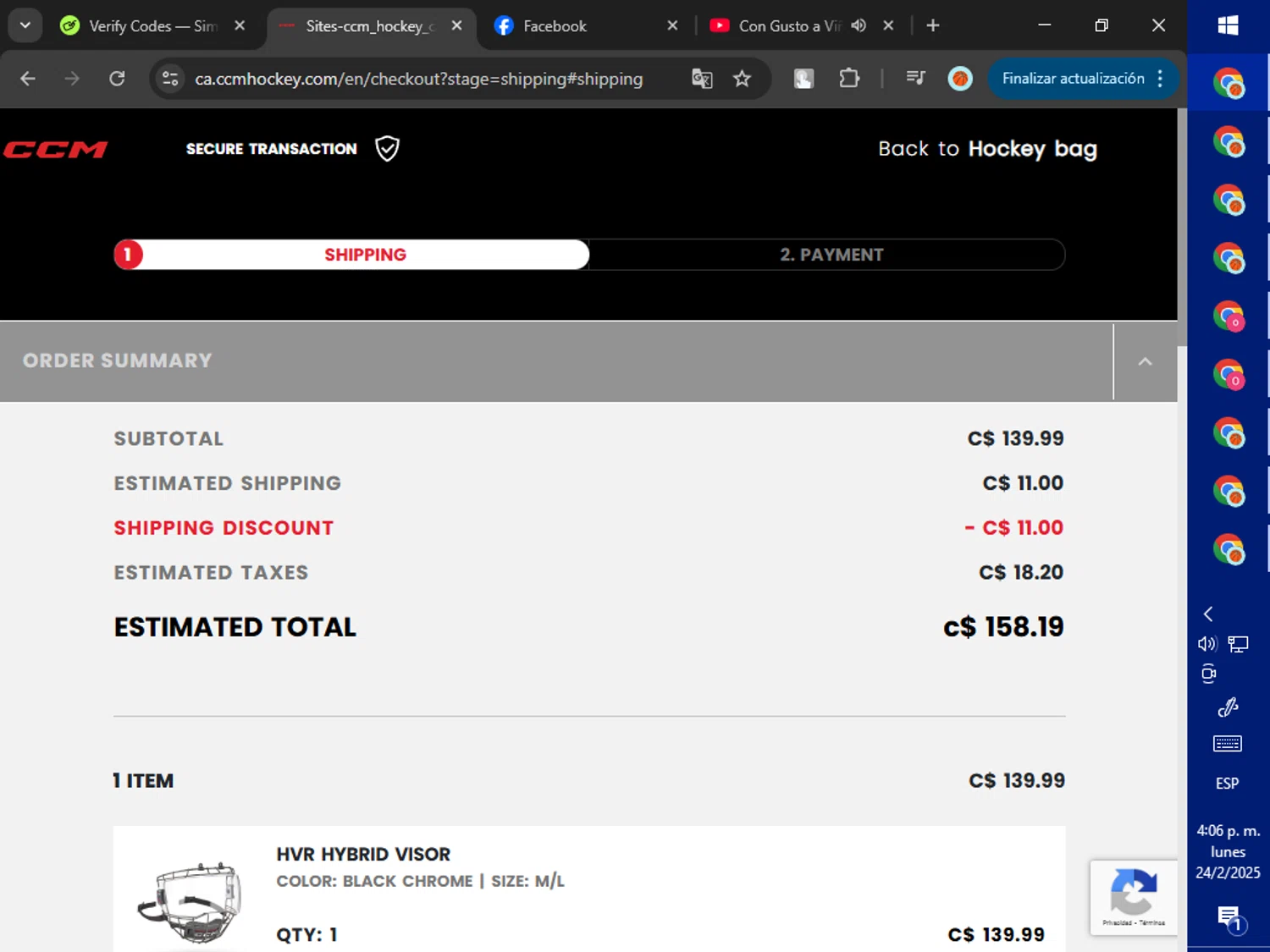 CCM Hockey checkout page showing CCM Hockey promo code box | Screenshot taken by SimplyCodes community member on Feb 24, 2025