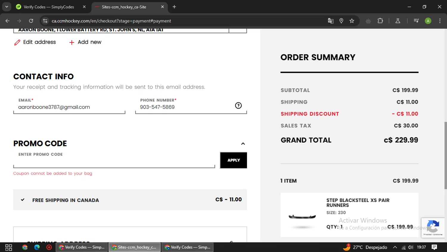 CCM Hockey checkout page showing CCM Hockey promo code box | Screenshot taken by SimplyCodes community member on Jan 6, 2025