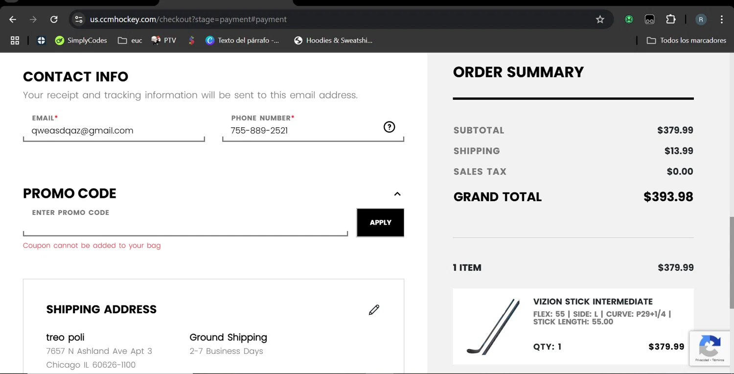 CCM Hockey promo code screenshot showing code FREESHIPPING applied at CCM Hockey checkout page. Uploaded by SimplyCodes community member MarcoReus on Mar 2, 2025
