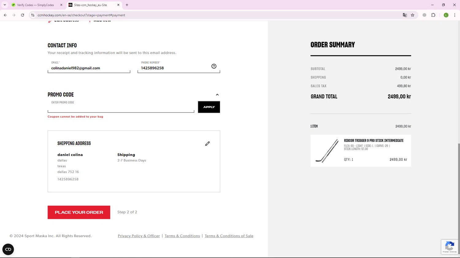 CCM Hockey checkout page showing CCM Hockey promo code box | Screenshot taken by SimplyCodes community member on Sep 8, 2024