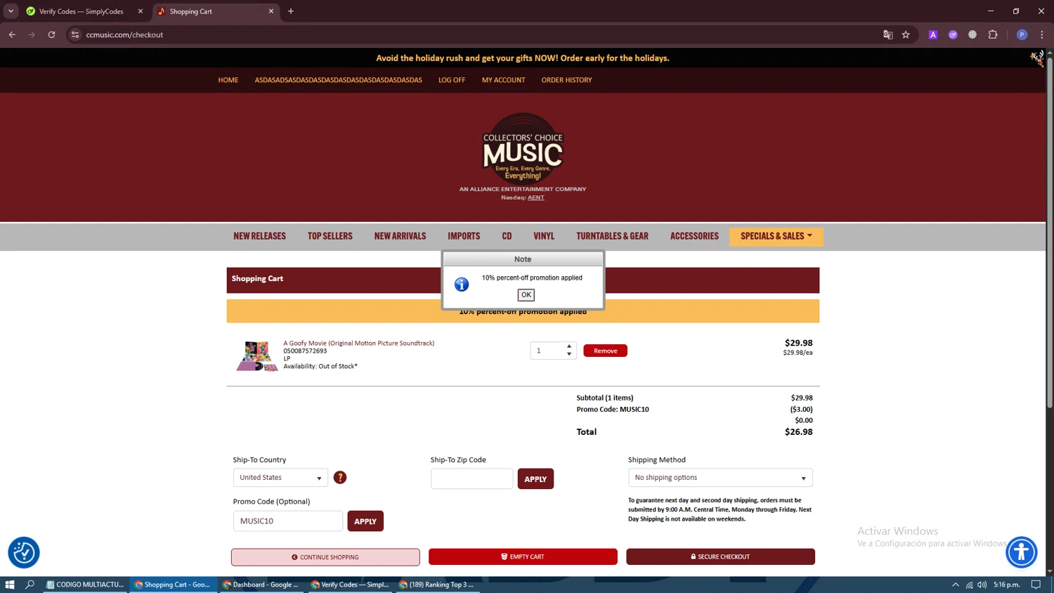CC Music promo code screenshot showing code music10 applied at CC Music checkout page. Uploaded by SimplyCodes community member Darknigth31 on Nov 18, 2025