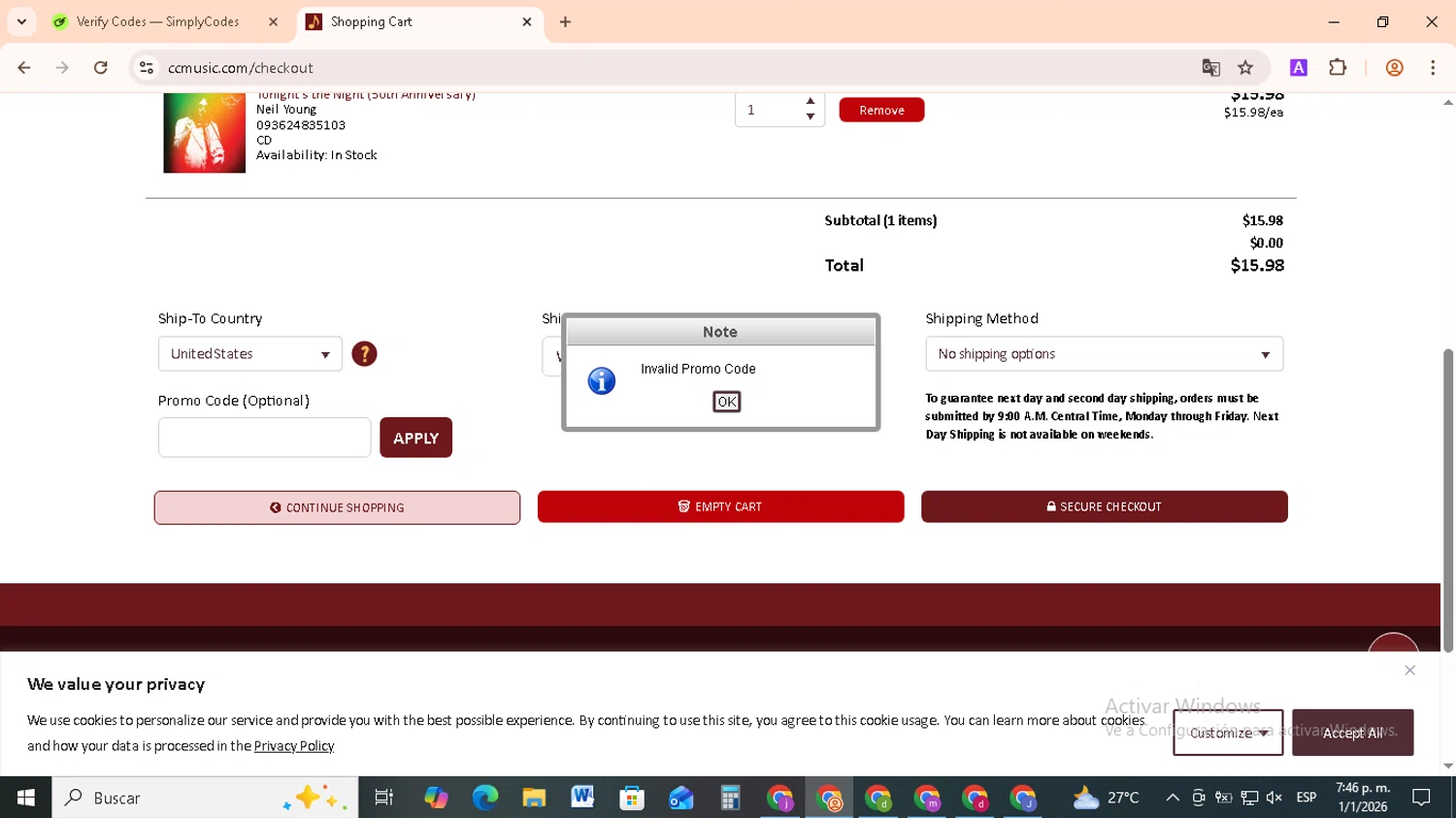 CC Music promo code screenshot showing code CCM10 applied at CC Music checkout page. Uploaded by SimplyCodes community member RebateCollector5909 on Jan 1, 2026