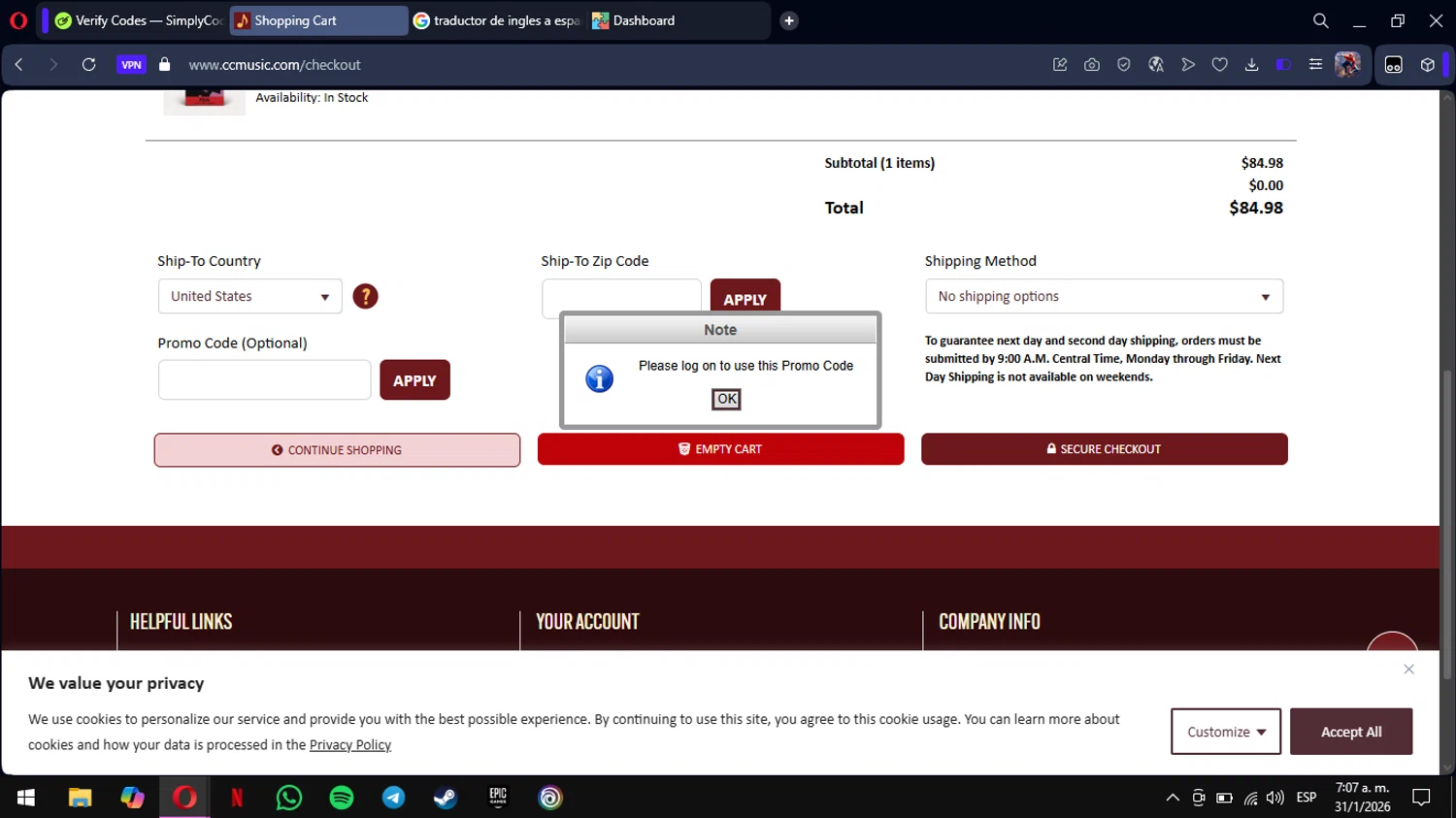 CC Music promo code screenshot showing code CCM10 applied at CC Music checkout page. Uploaded by SimplyCodes community member mimusuky1 on Jan 31, 2026