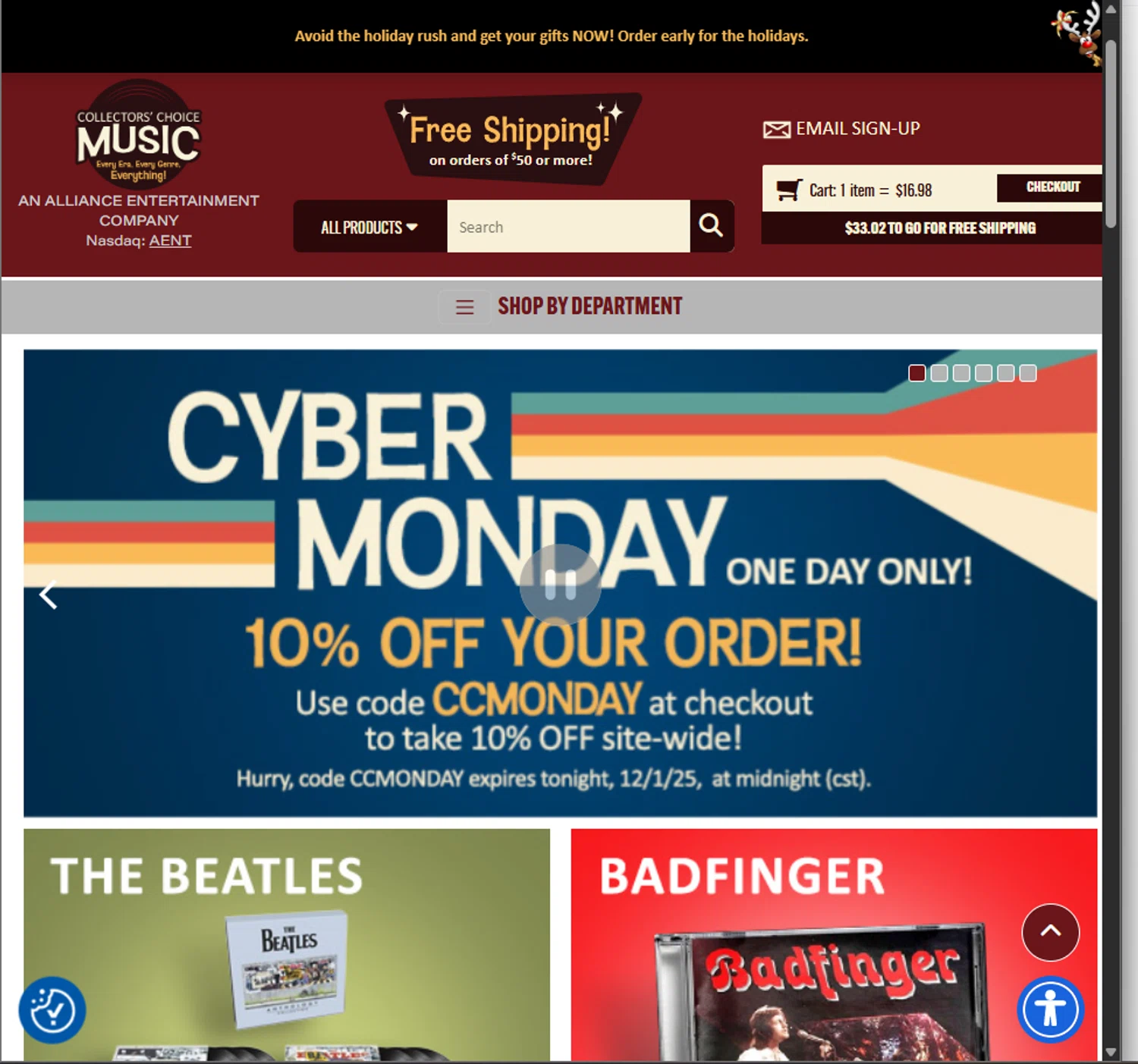 CC Music promo code screenshot showing code CCMONDAY applied at CC Music checkout page. Uploaded by SimplyCodes community member PillarsofCreation on Dec 1, 2025