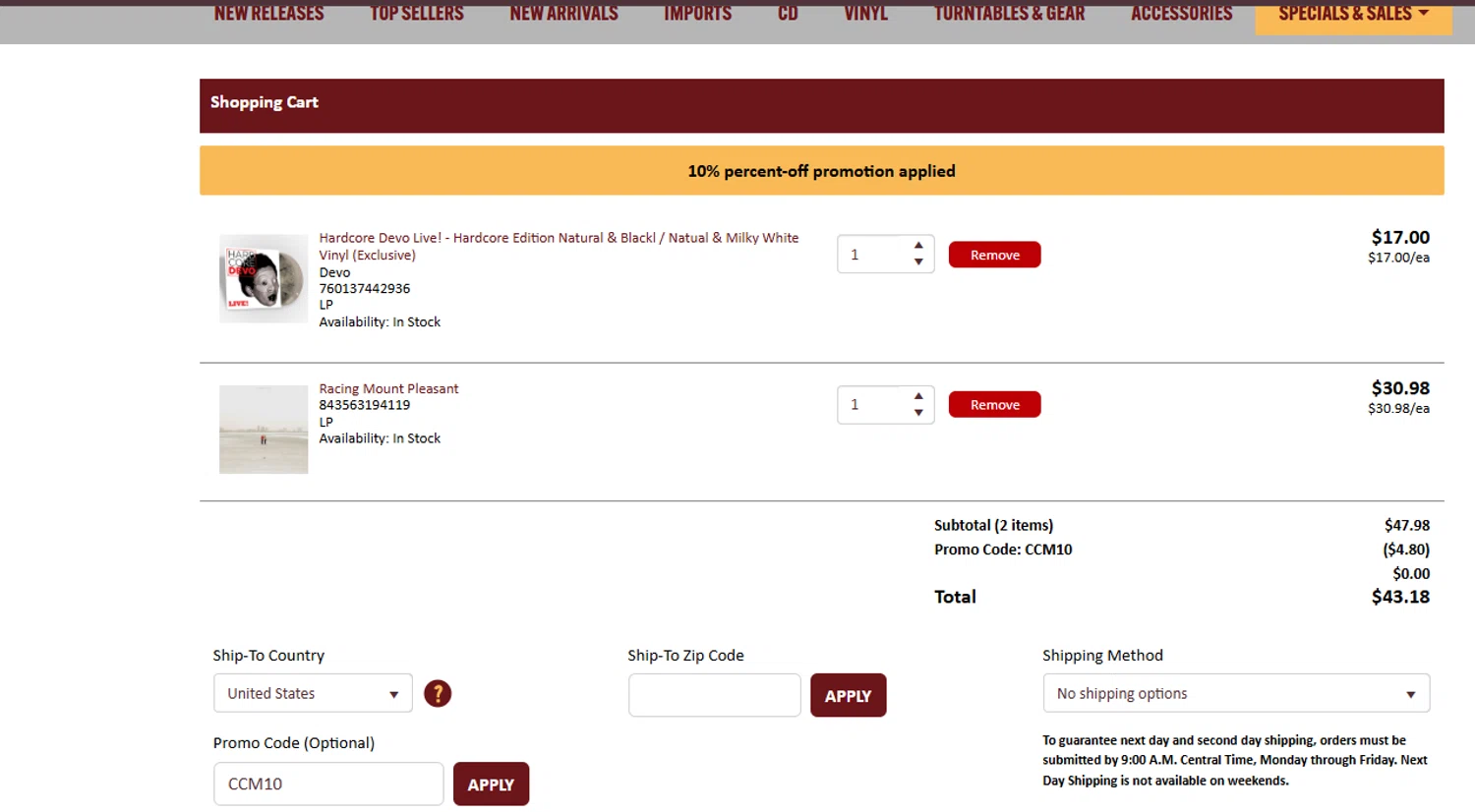 CC Music promo code screenshot showing code CCM10 applied at CC Music checkout page. Uploaded by SimplyCodes community member ashe1986 on Dec 22, 2025