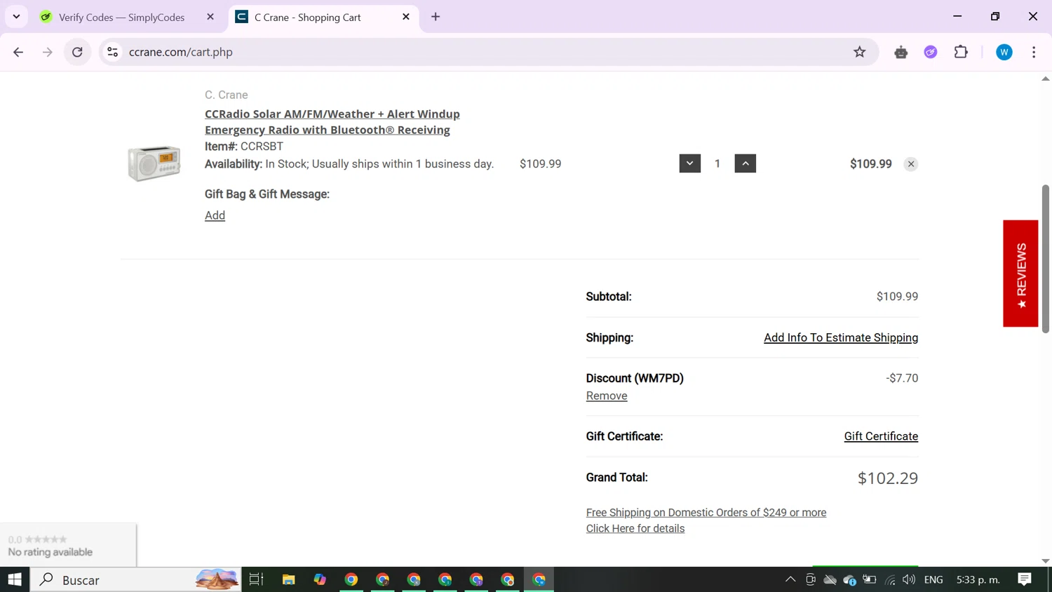 C.Crane promo code screenshot showing code WM7PD applied at C.Crane checkout page. Uploaded by SimplyCodes community member CrownShopper7142 on May 10, 2025