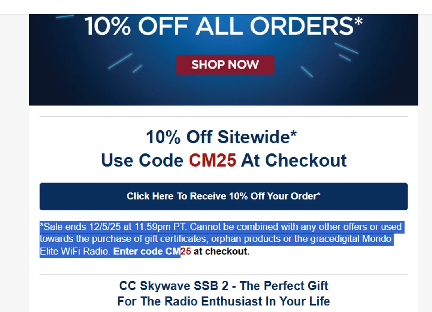 C.Crane promo code screenshot showing code CM25 applied at C.Crane checkout page. Uploaded by SimplyCodes community member valeriaantonieta on Dec 1, 2025