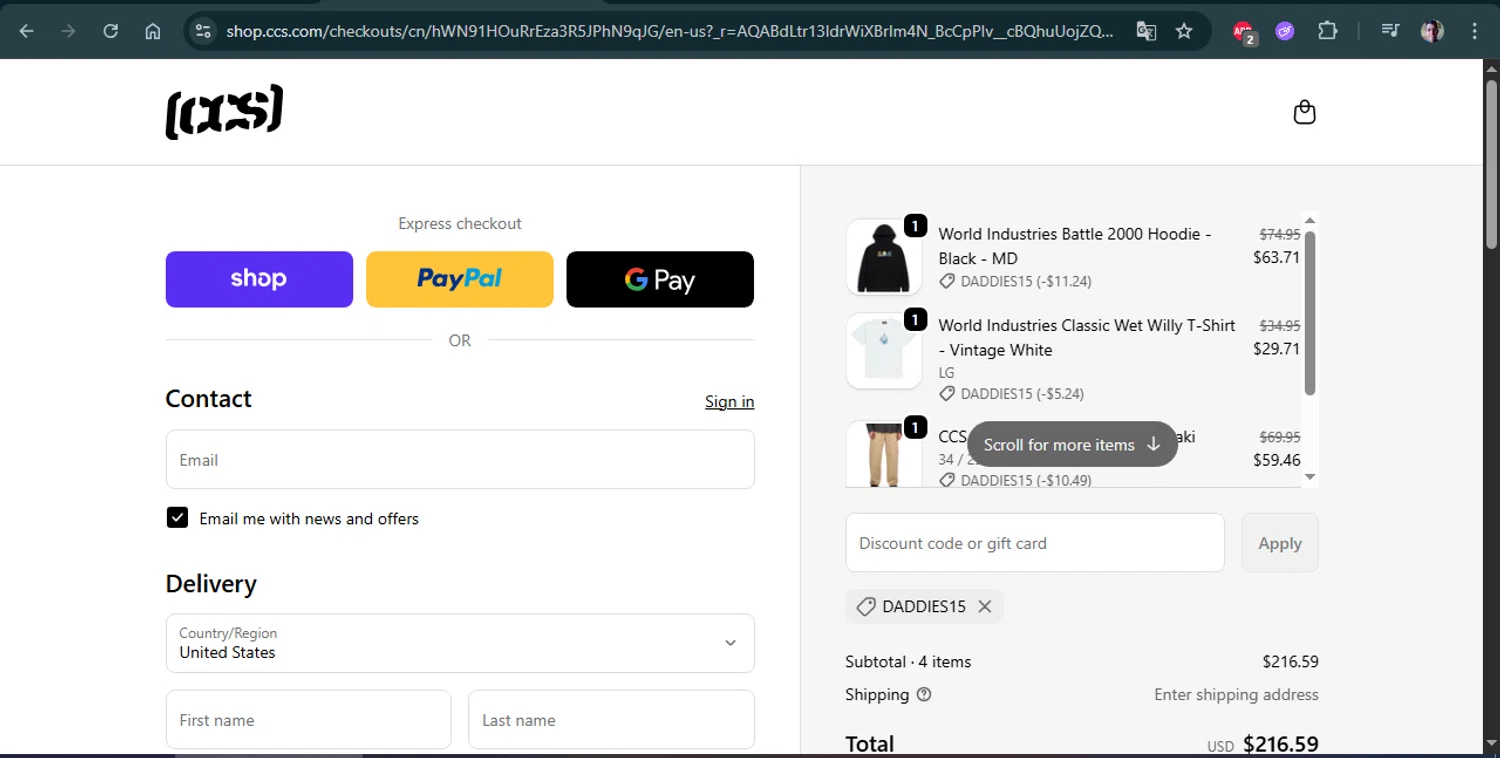 CCS promo code screenshot showing code DADDIES15 applied at CCS checkout page. Uploaded by SimplyCodes community member Marboro on Feb 20, 2026
