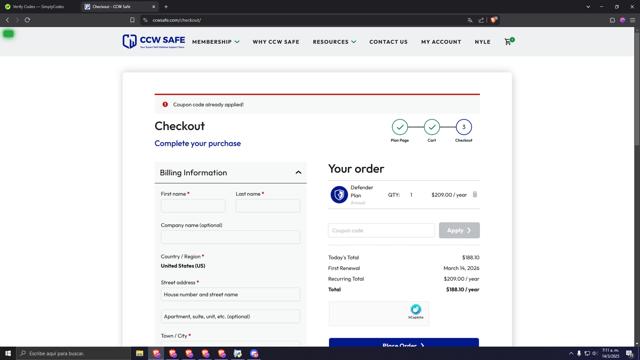 CCW Safe checkout page showing CCW Safe coupon code box | Screenshot taken by SimplyCodes community member on Mar 14, 2025