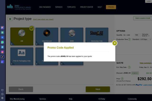 CD Baby checkout page showing CD Baby coupon code box | Screenshot taken by SimplyCodes community member on Sep 4, 2025
