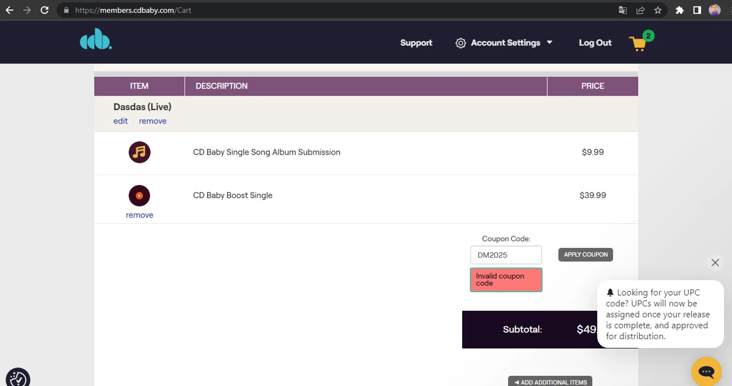 CD Baby promo code screenshot showing code DM2025 applied at CD Baby checkout page. Uploaded by SimplyCodes community member HUNTER1406 on Jan 7, 2026