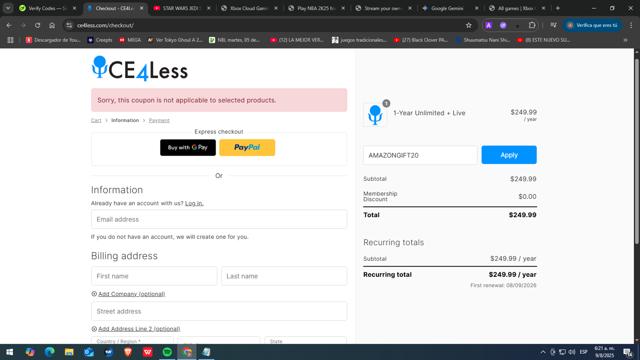 Ce4less checkout page showing Ce4less coupon code box | Screenshot taken by SimplyCodes community member on Aug 9, 2025