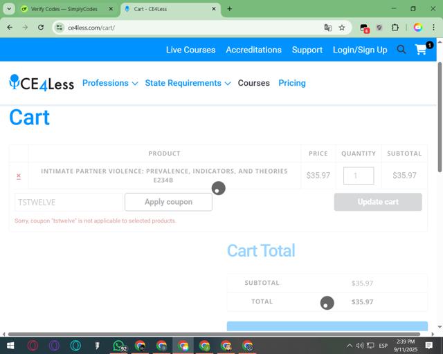 Ce4less checkout page showing Ce4less coupon code box | Screenshot taken by SimplyCodes community member on Sep 11, 2025