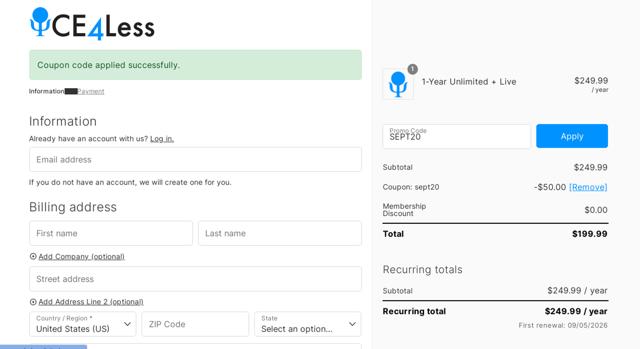 Ce4less checkout page showing Ce4less coupon code box | Screenshot taken by SimplyCodes community member on Sep 5, 2025