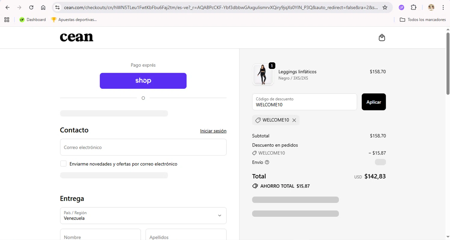 CEAN promo code screenshot showing code WELCOME10 applied at CEAN checkout page. Uploaded by SimplyCodes community member LegendaryTitan9160 on Nov 19, 2025