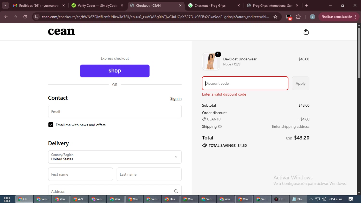 CEAN promo code screenshot showing code WELCOME10 applied at CEAN checkout page. Uploaded by SimplyCodes community member MoneyTiger5162 on Dec 18, 2025