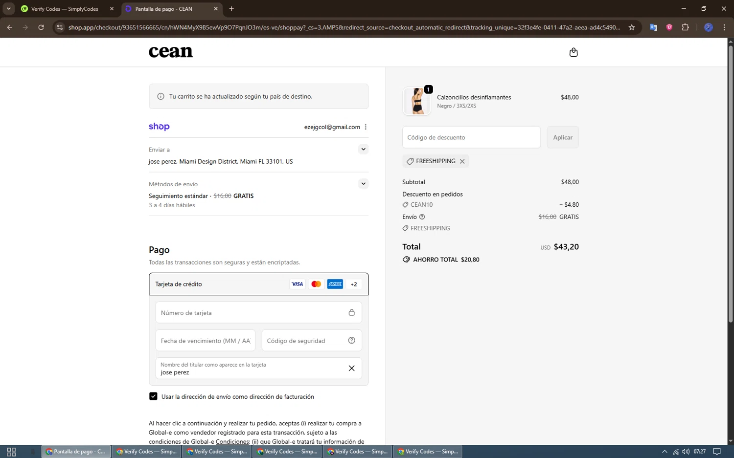 CEAN promo code screenshot showing code FREESHIPPING applied at CEAN checkout page. Uploaded by SimplyCodes community member GC_EJOSE on Oct 21, 2025