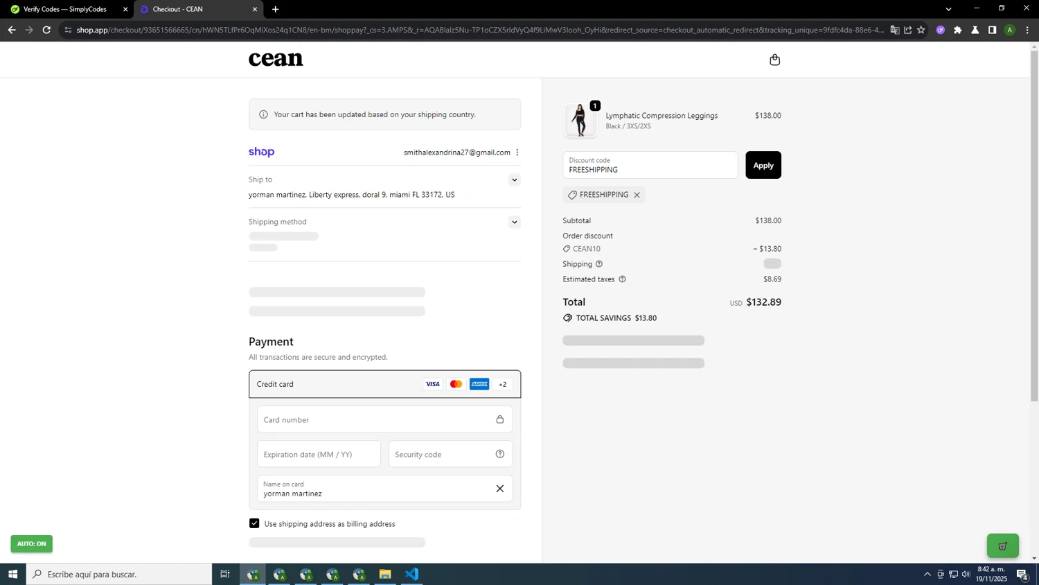 CEAN promo code screenshot showing code FREESHIPPING applied at CEAN checkout page. Uploaded by SimplyCodes community member INSECTOS on Nov 19, 2025